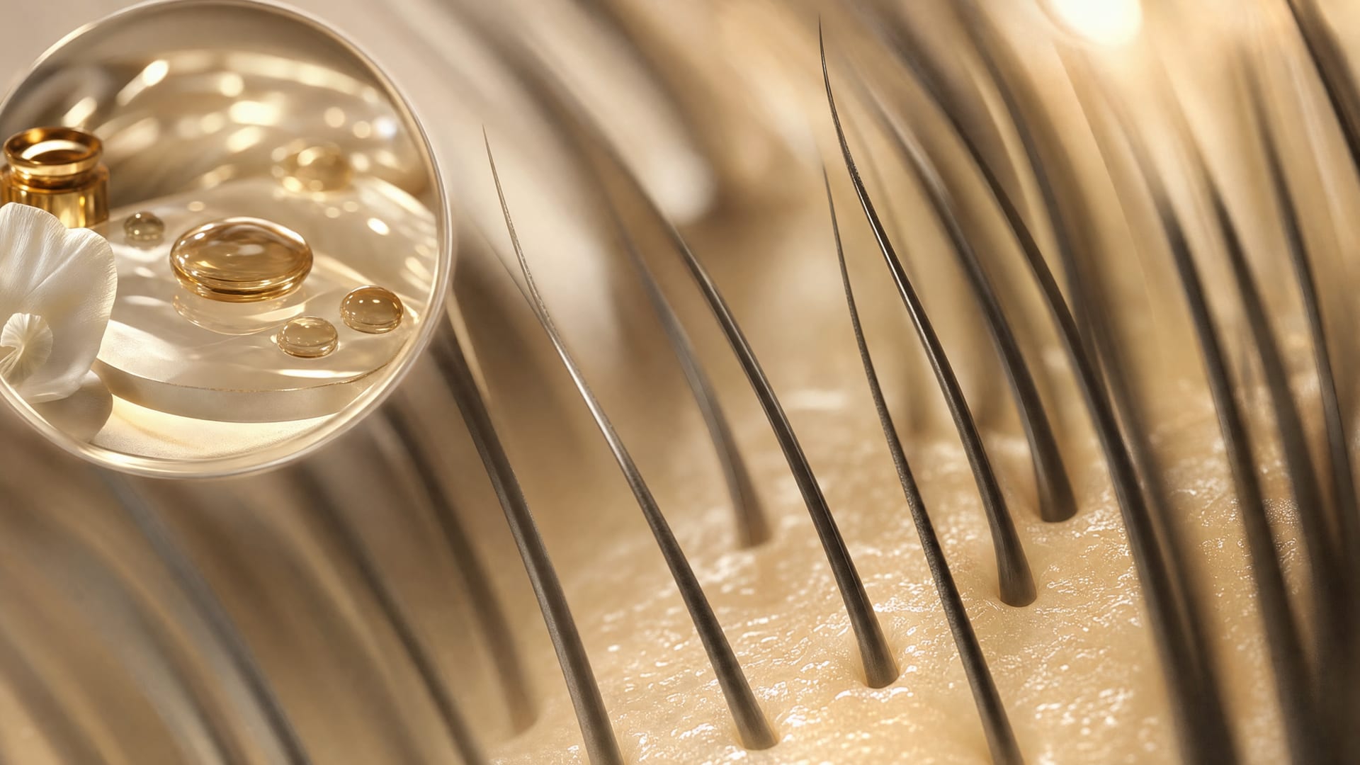 Soft 3D visual of a clean scalp surface with healthy-looking hair roots in warm champagne light